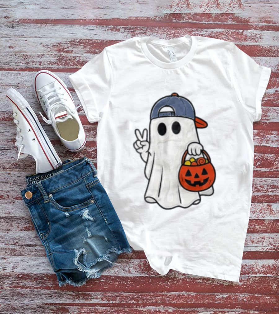 Ghost In Cap With Peace Sign Holding Pumpkin Bucket Halloween T-Shirt
