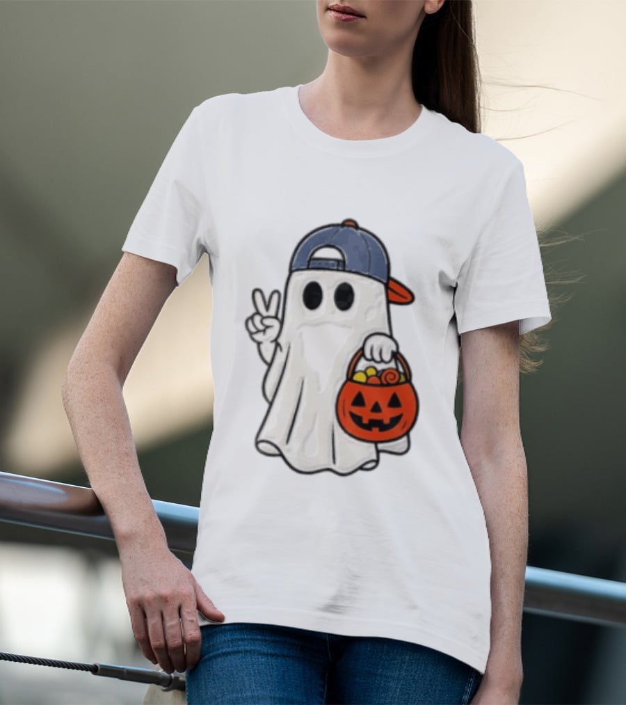 Ghost In Cap With Peace Sign Holding Pumpkin Bucket Halloween T-Shirt