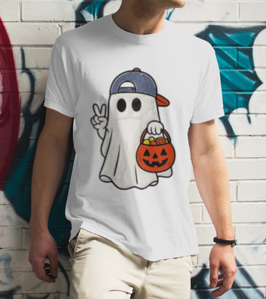 Ghost In Cap With Peace Sign Holding Pumpkin Bucket Halloween T-Shirt