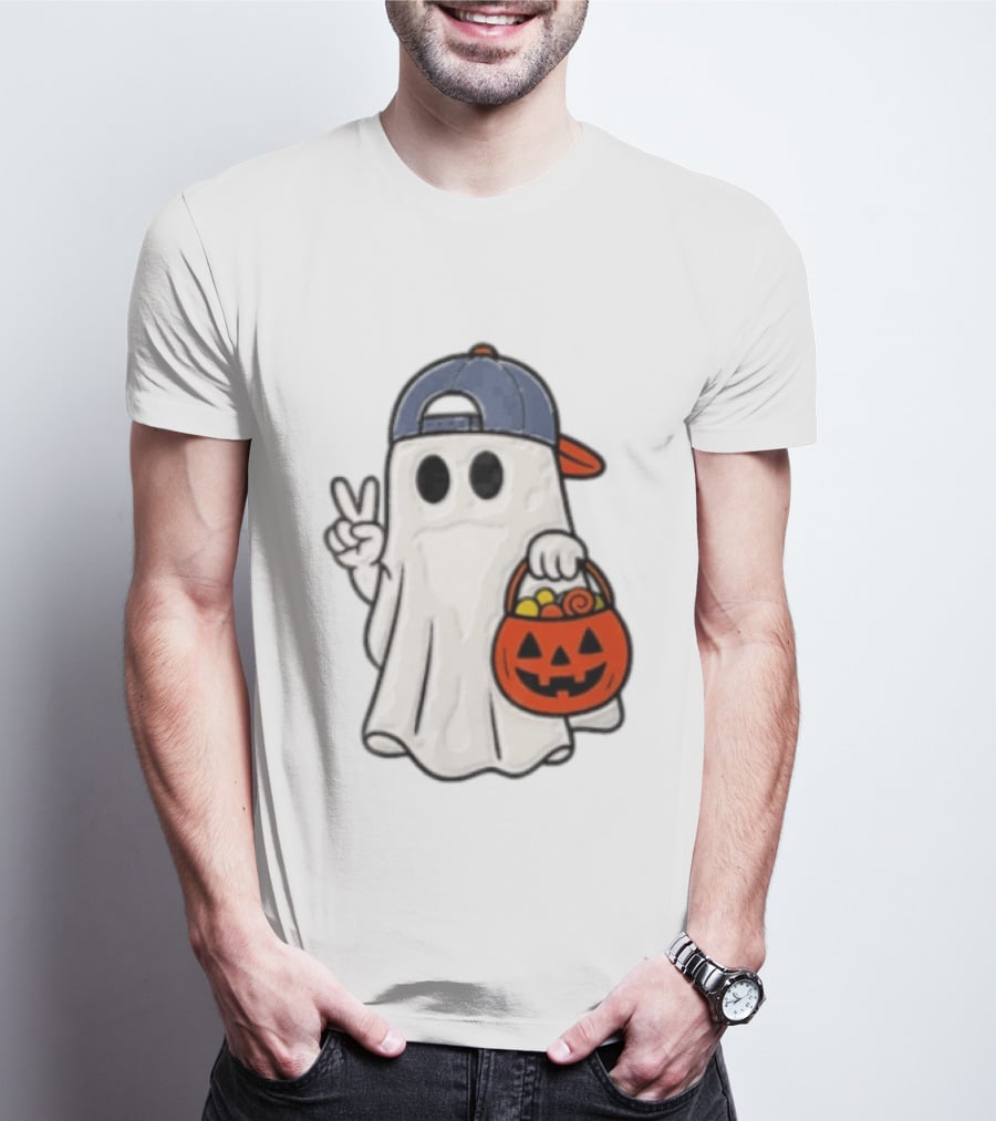Ghost In Cap With Peace Sign Holding Pumpkin Bucket Halloween T-Shirt