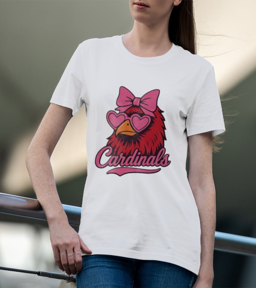 St Louis Cardinals Red Bird Pink Bow Heart Glasses T-Shirt