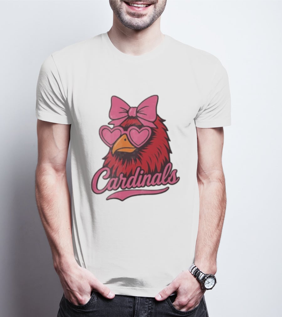 St Louis Cardinals Red Bird Pink Bow Heart Glasses T-Shirt