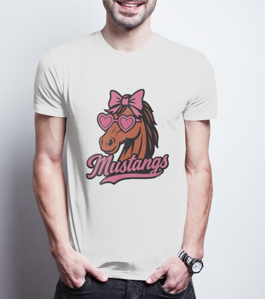 Mustangs Horse Pink Bow Heart Sunglasses T-Shirt