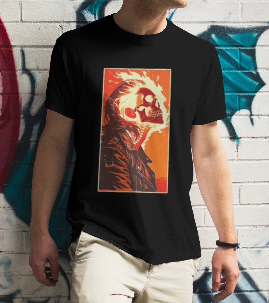 Burnout Flaming Skull Leather Jacket Man Fiery T-Shirt