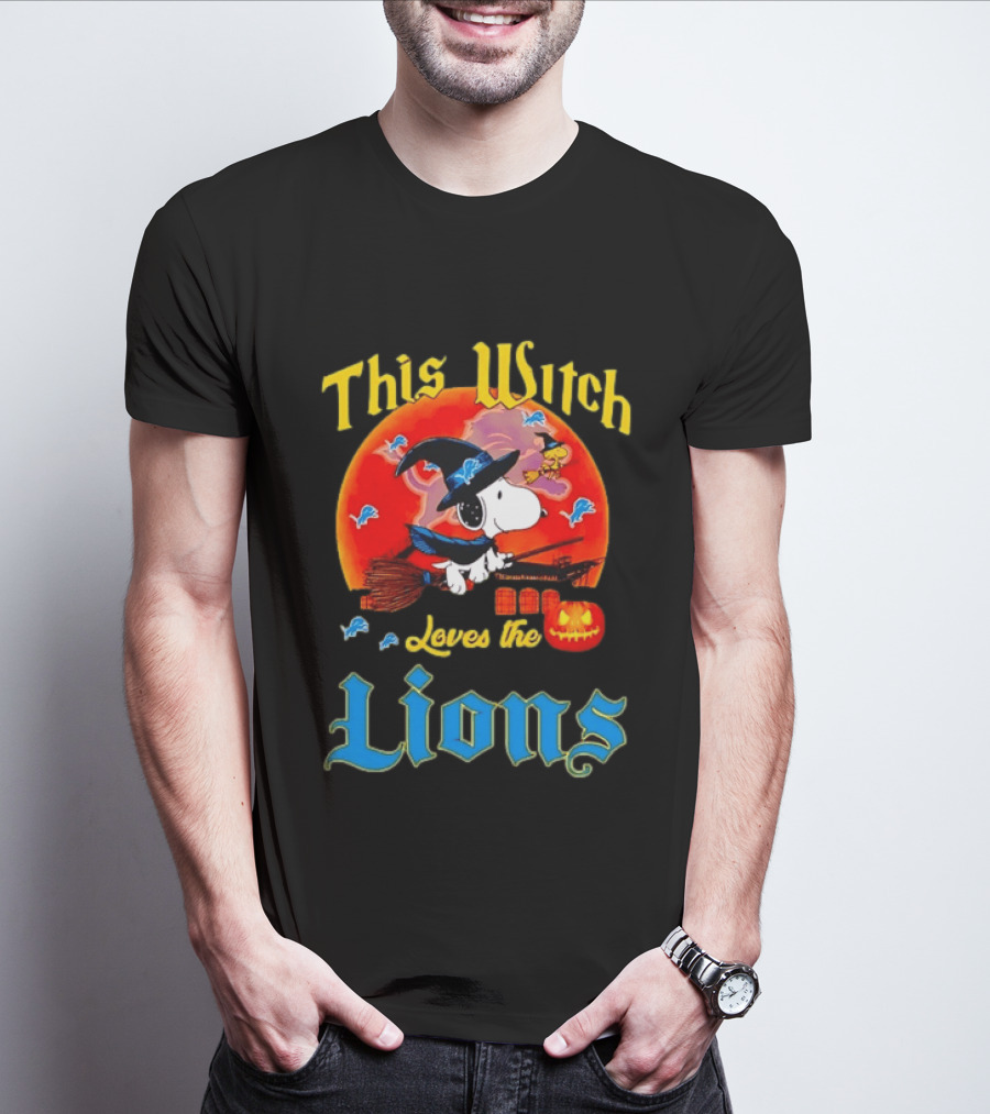 Snoopy This Witch Loves The Lions Halloween Pumpkin Broom Peanuts T-Shirt