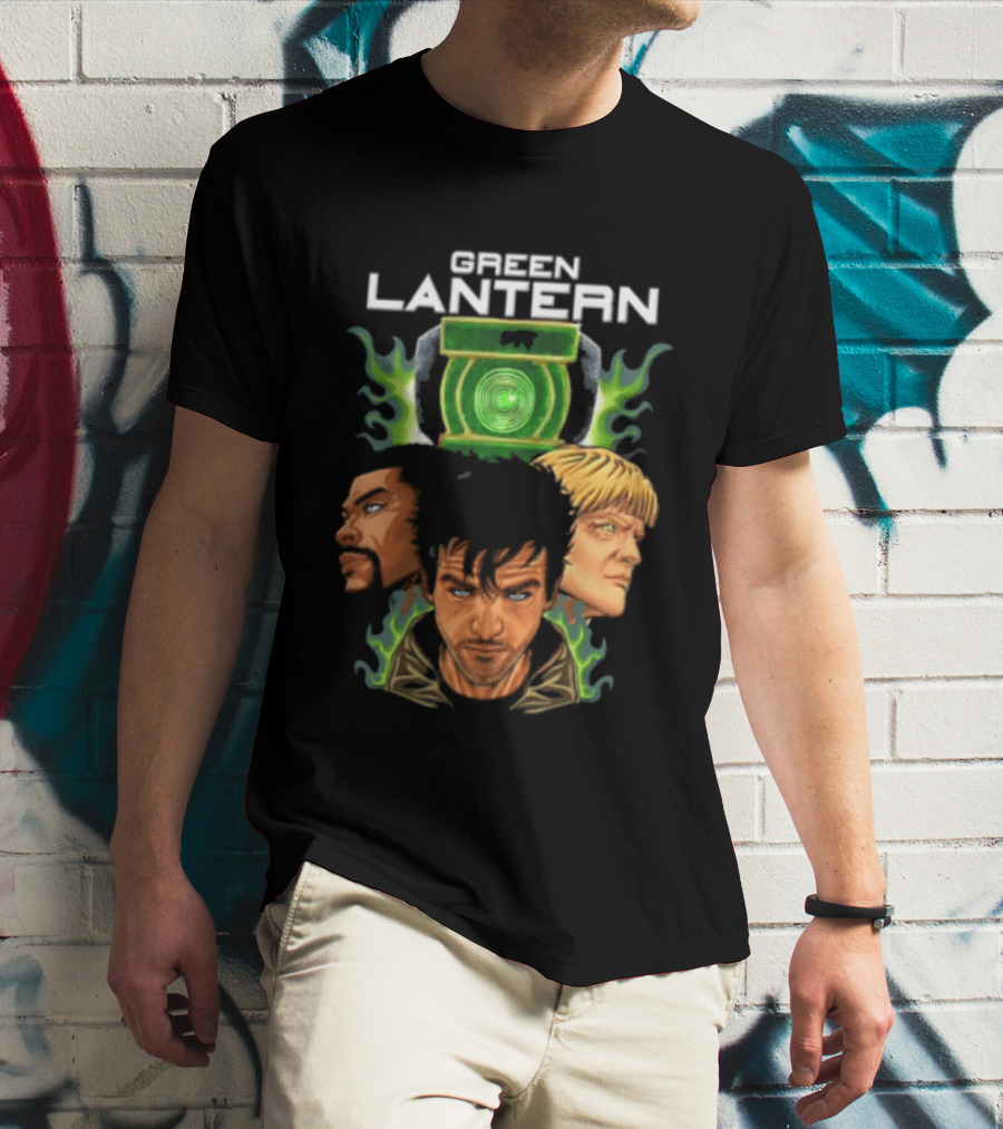 Green Lantern Glowing Eyes With Symbol Featuring Three Characters T-Shirt