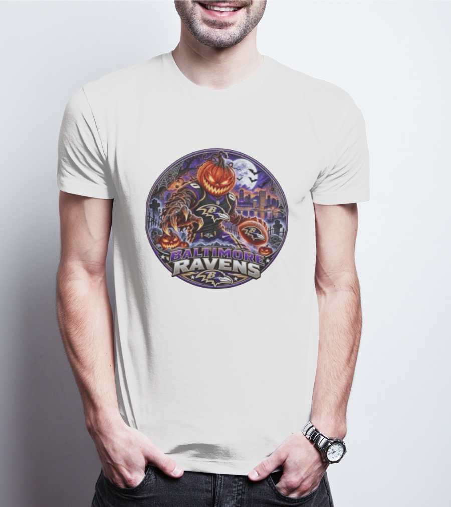 Baltimore Ravens Jack O' Lantern Halloween Football Spooky Night Ravens Stadium Skyline T-Shirt