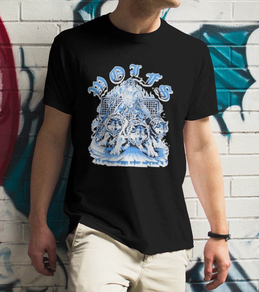 Motifs Wolf Hockey Skeleton Goalie With Three Wolves T-Shirt