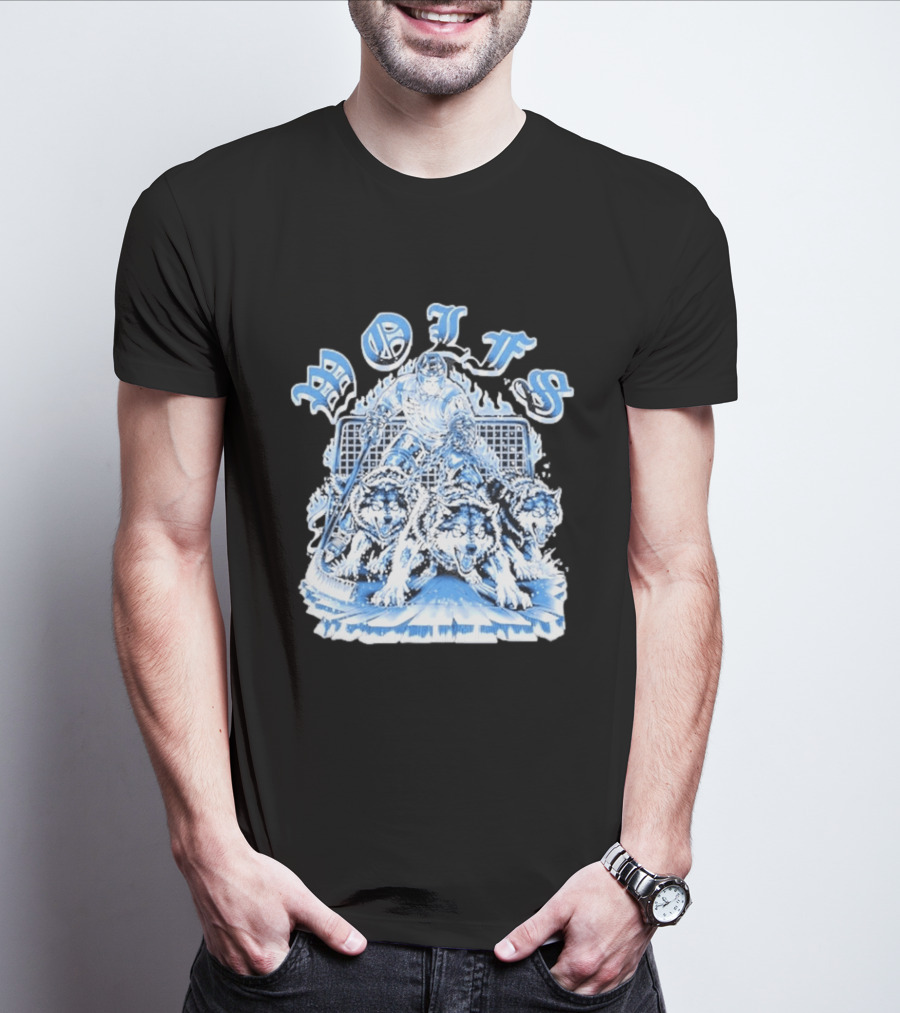 Motifs Wolf Hockey Skeleton Goalie With Three Wolves T-Shirt