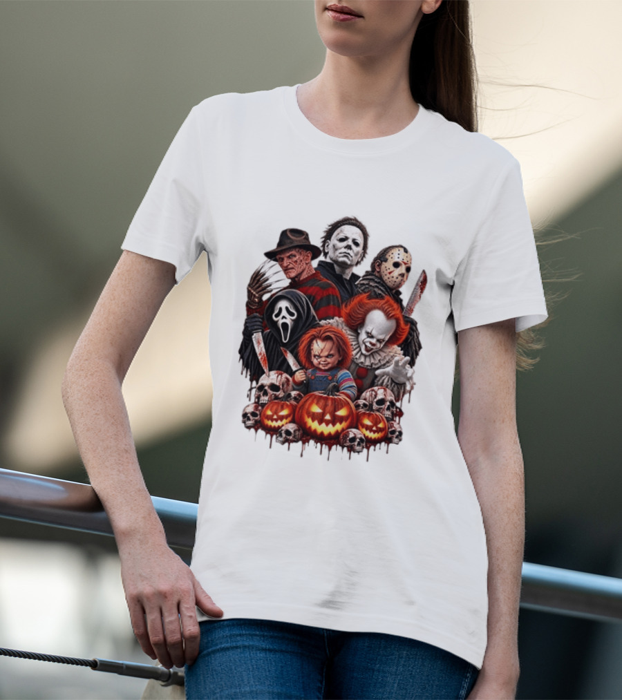 Freddy Krueger Michael Myers Jason Voorhees Ghostface Pennywise Chucky Horror Characters With Skull And Pumpkin Display T-Shirt