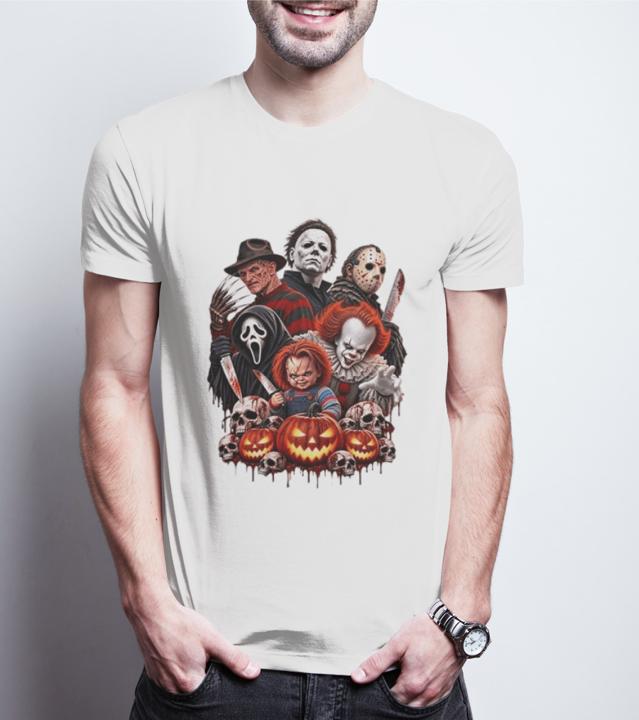Freddy Krueger Michael Myers Jason Voorhees Ghostface Pennywise Chucky Horror Characters With Skull And Pumpkin Display T-Shirt