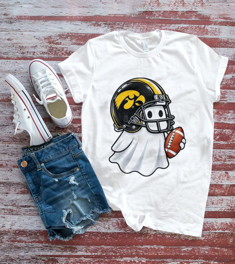Iowa Hawkeyes Football Ghost Halloween Holding Football T-Shirt