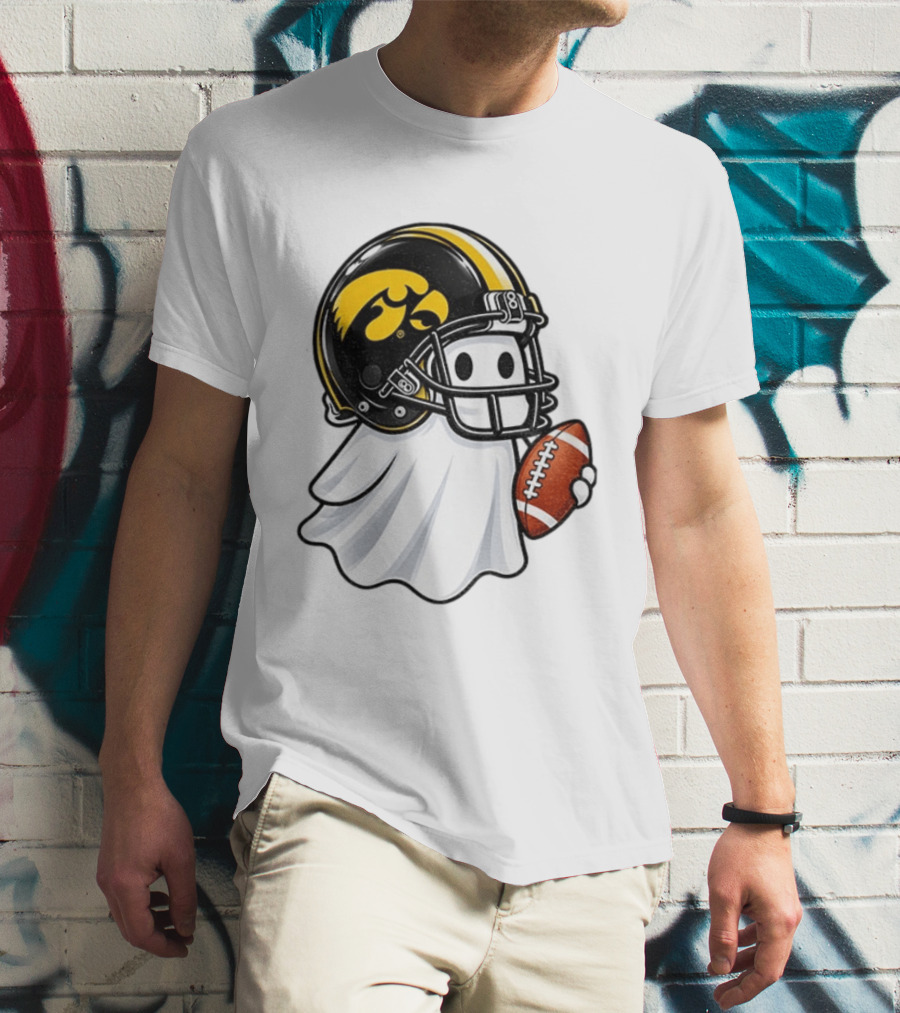 Iowa Hawkeyes Football Ghost Halloween Holding Football T-Shirt