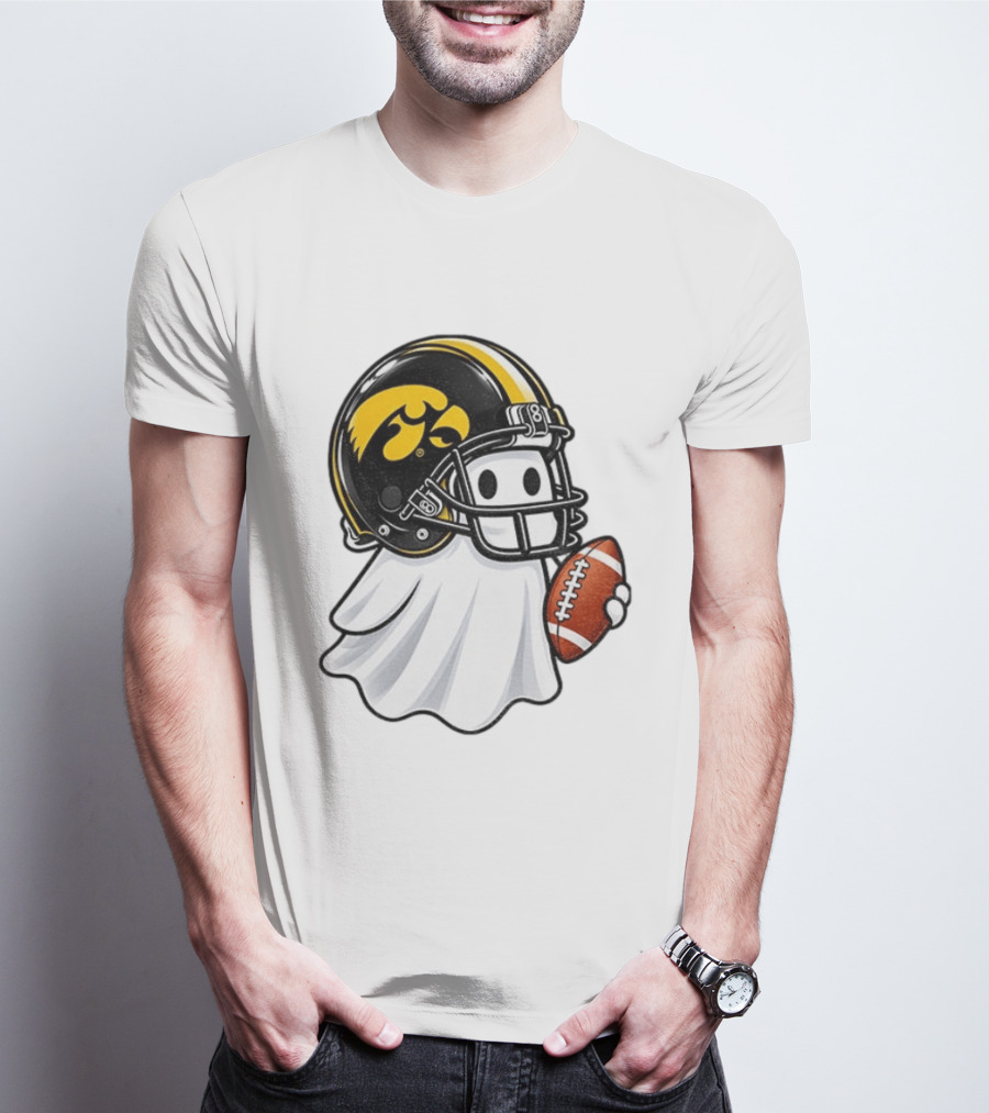 Iowa Hawkeyes Football Ghost Halloween Holding Football T-Shirt