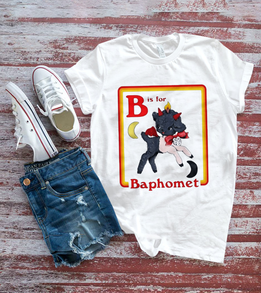 B Is For Baphomet Cartoon Baby Goat Pentacle Moon Horns Flame T-Shirt