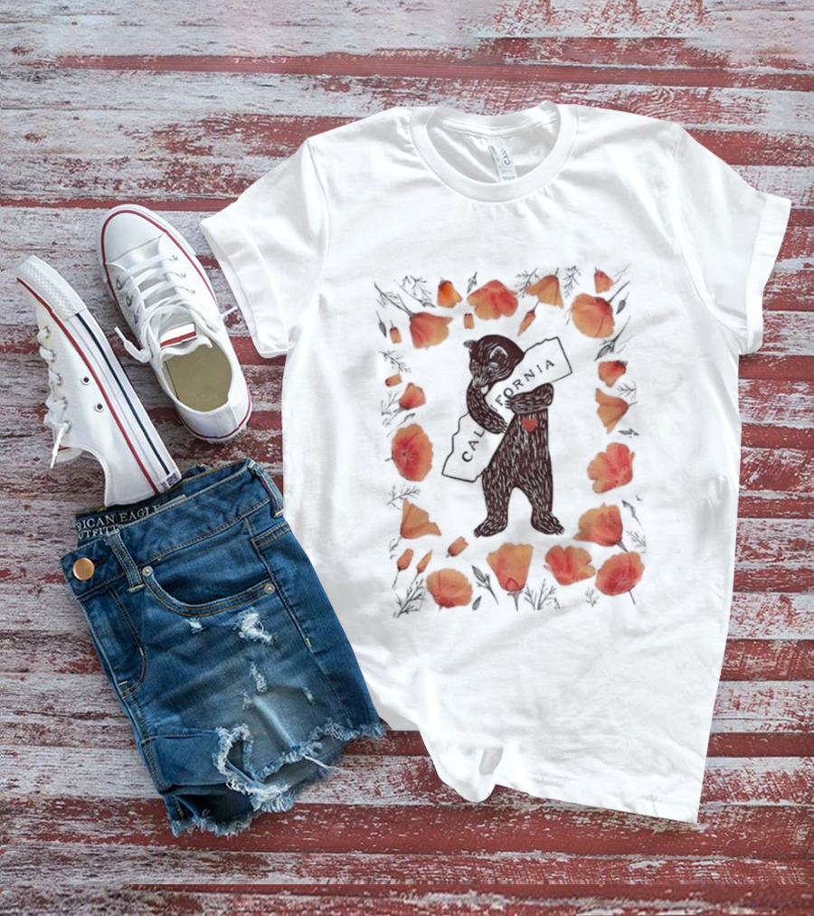 California Bear Hug With State Map And Poppies T-Shirt