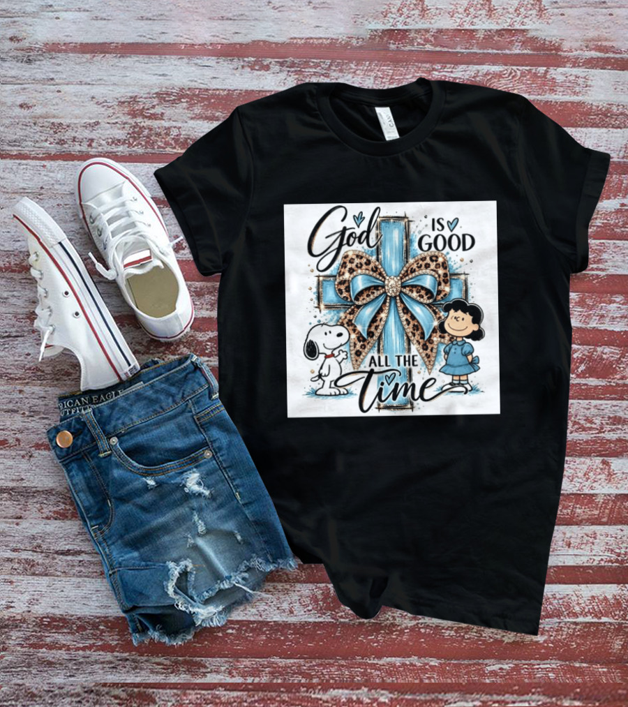 Snoopy And Lucy God Is Good All The Time Blue Cross And Leopard Bow T-Shirt