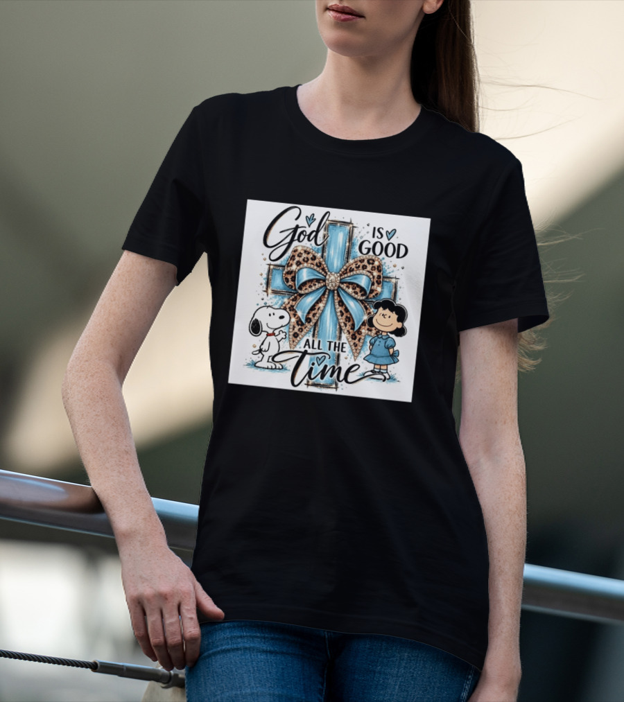 Snoopy And Lucy God Is Good All The Time Blue Cross And Leopard Bow T-Shirt