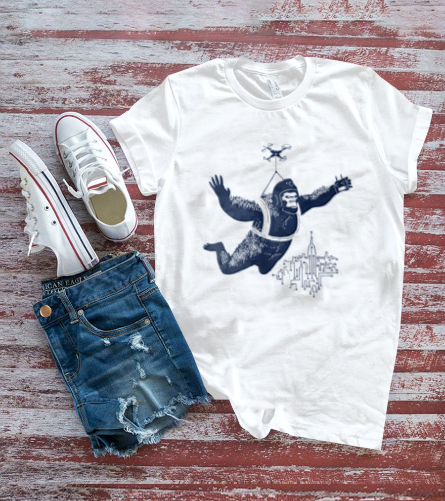 Gorilla Parachuting With Drone Over City Skyline T-Shirt