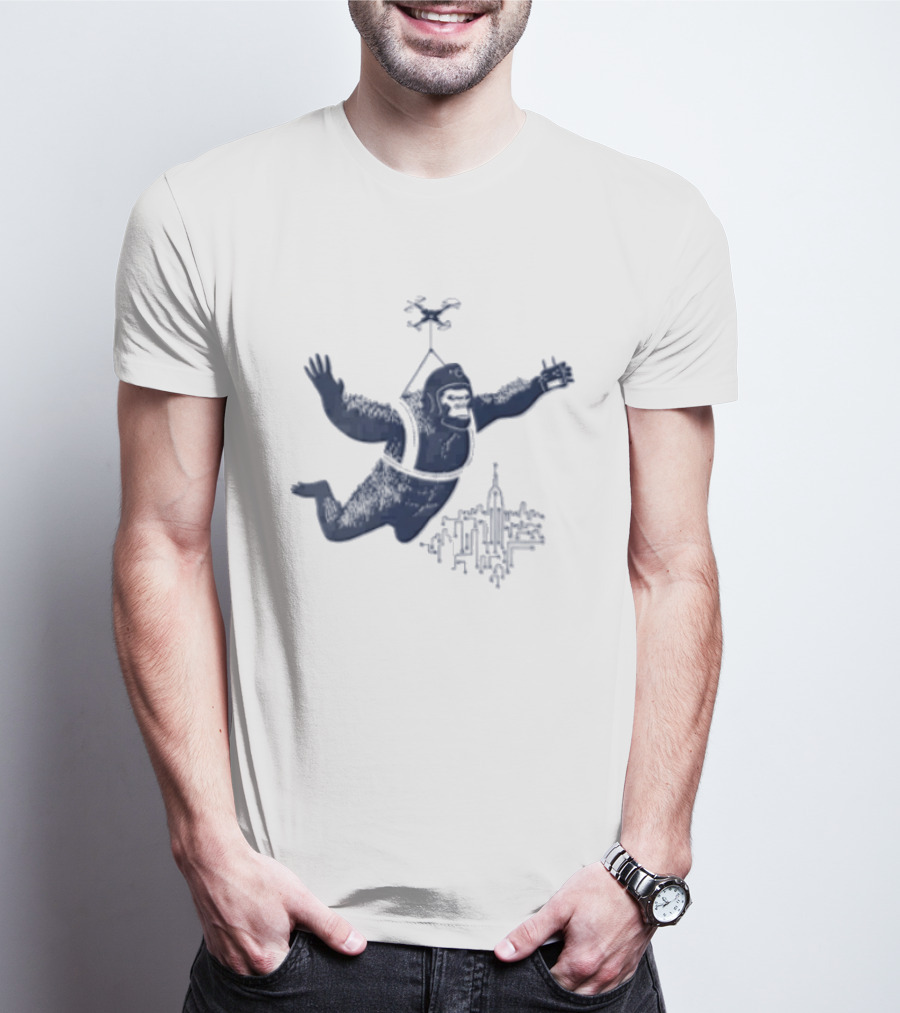 Gorilla Parachuting With Drone Over City Skyline T-Shirt