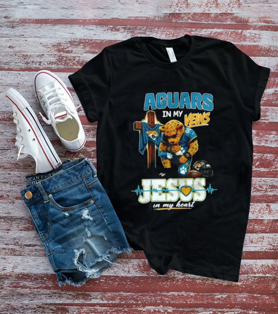 Jaguars In My Veins Jesus In My Heart Jacksonville Jaguars Football Fan Faith T-Shirt
