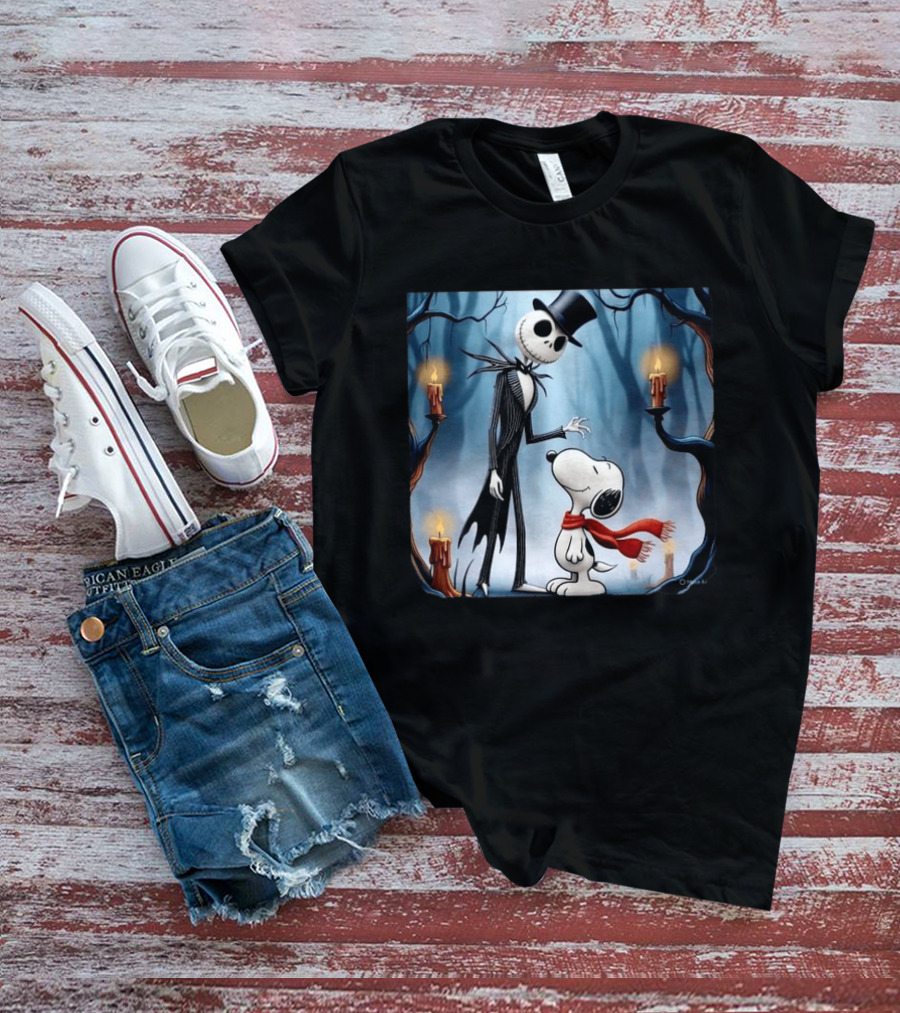 The Nightmare Before Christmas Jack Skellington And Snoopy Candles In Haunted Forest T-Shirt