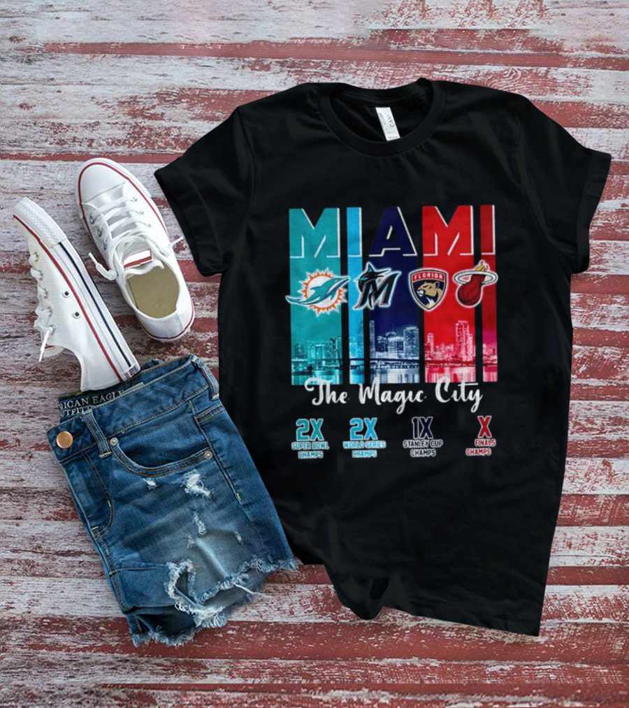 MIAMI The Magic City Dolphins Marlins Panthers Heat Champs T-Shirt