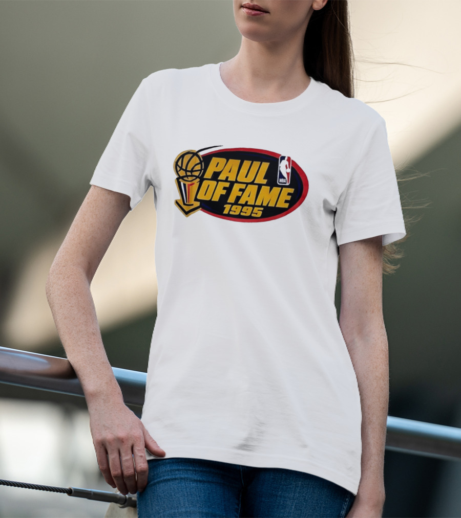 NBA Paul Of Fame 1995 Golden Basketball Trophy Red Oval Frame T-Shirt
