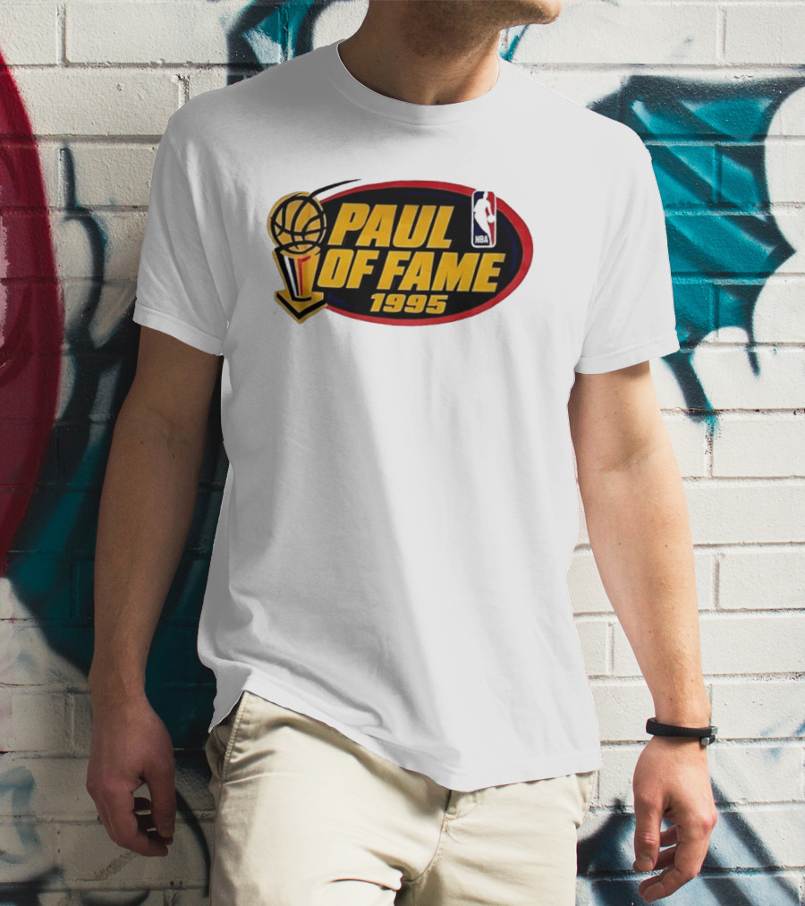 NBA Paul Of Fame 1995 Golden Basketball Trophy Red Oval Frame T-Shirt