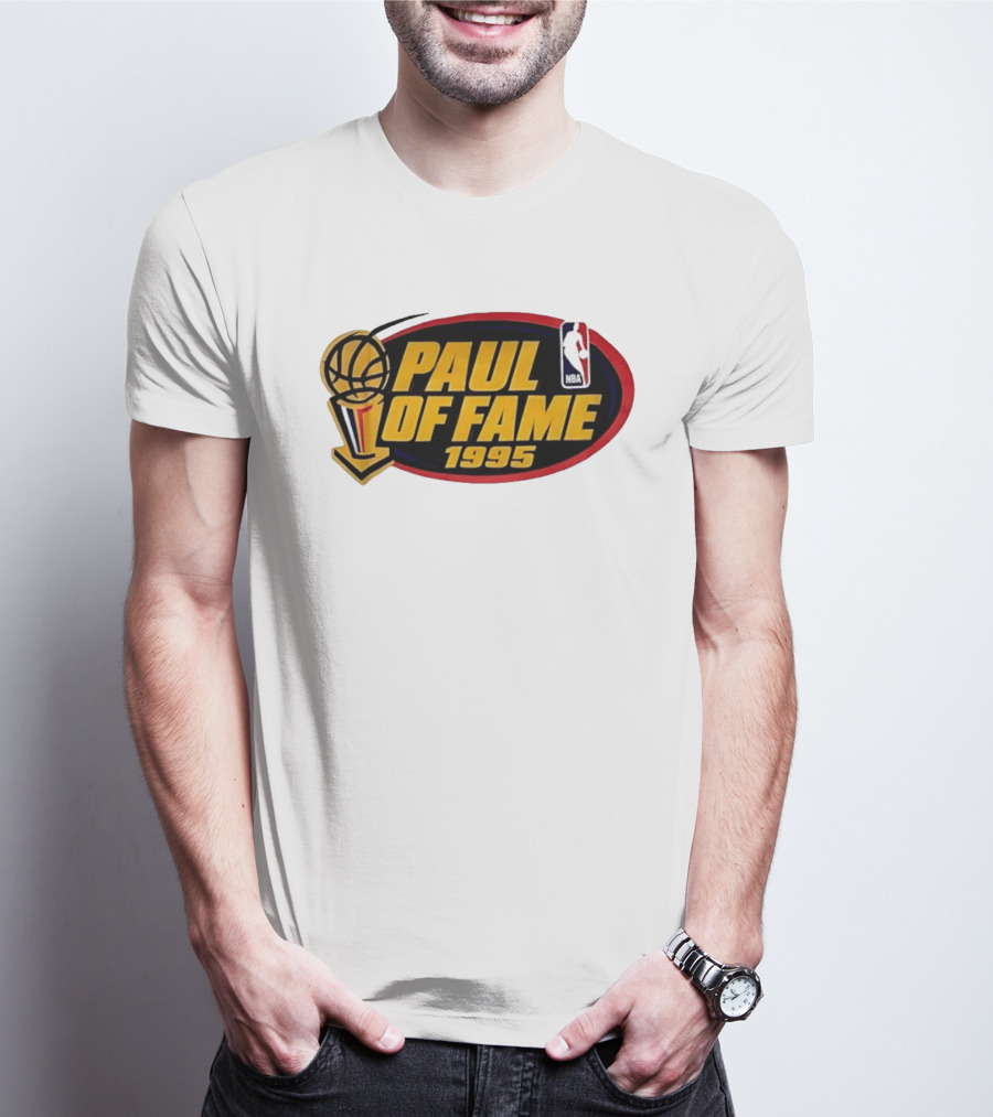 NBA Paul Of Fame 1995 Golden Basketball Trophy Red Oval Frame T-Shirt