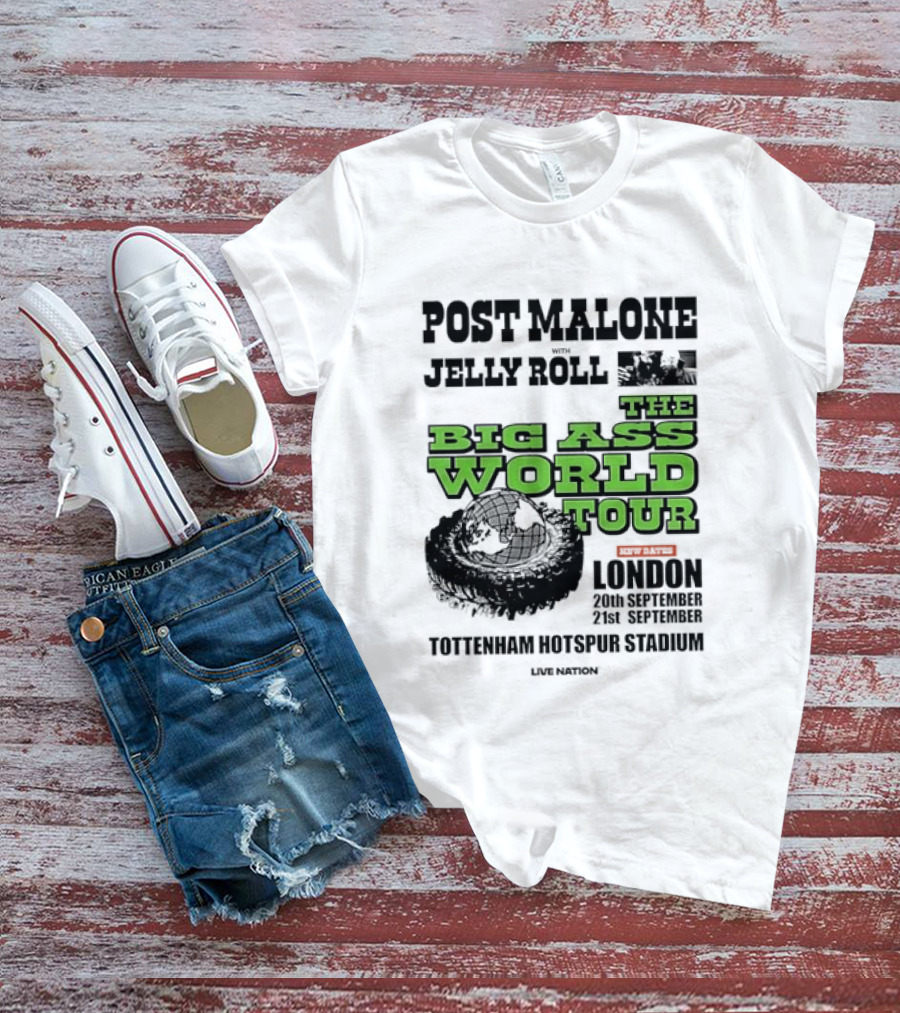 Post Malone Jelly Roll Live Nation The Big Ass World Tour London Tottenham Hotspur Stadium 2023 T-Shirt