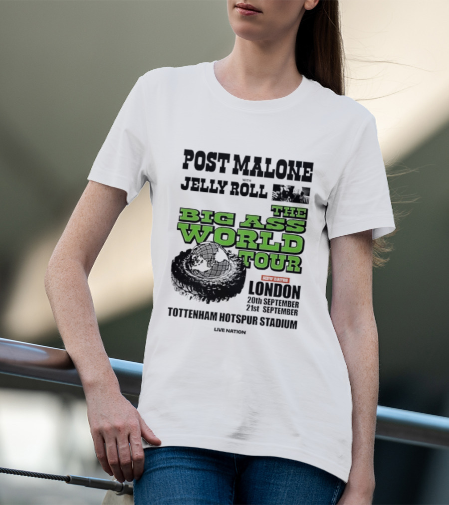 Post Malone Jelly Roll Live Nation The Big Ass World Tour London Tottenham Hotspur Stadium 2023 T-Shirt