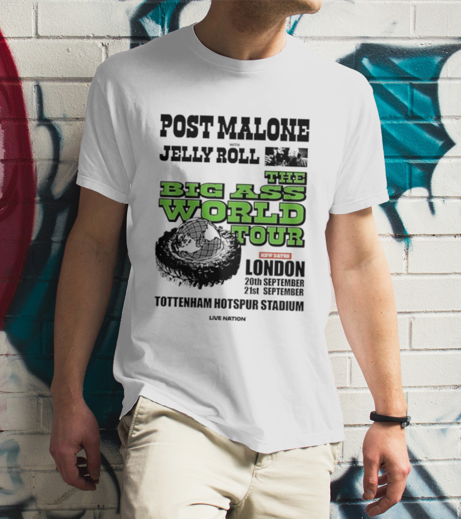 Post Malone Jelly Roll Live Nation The Big Ass World Tour London Tottenham Hotspur Stadium 2023 T-Shirt
