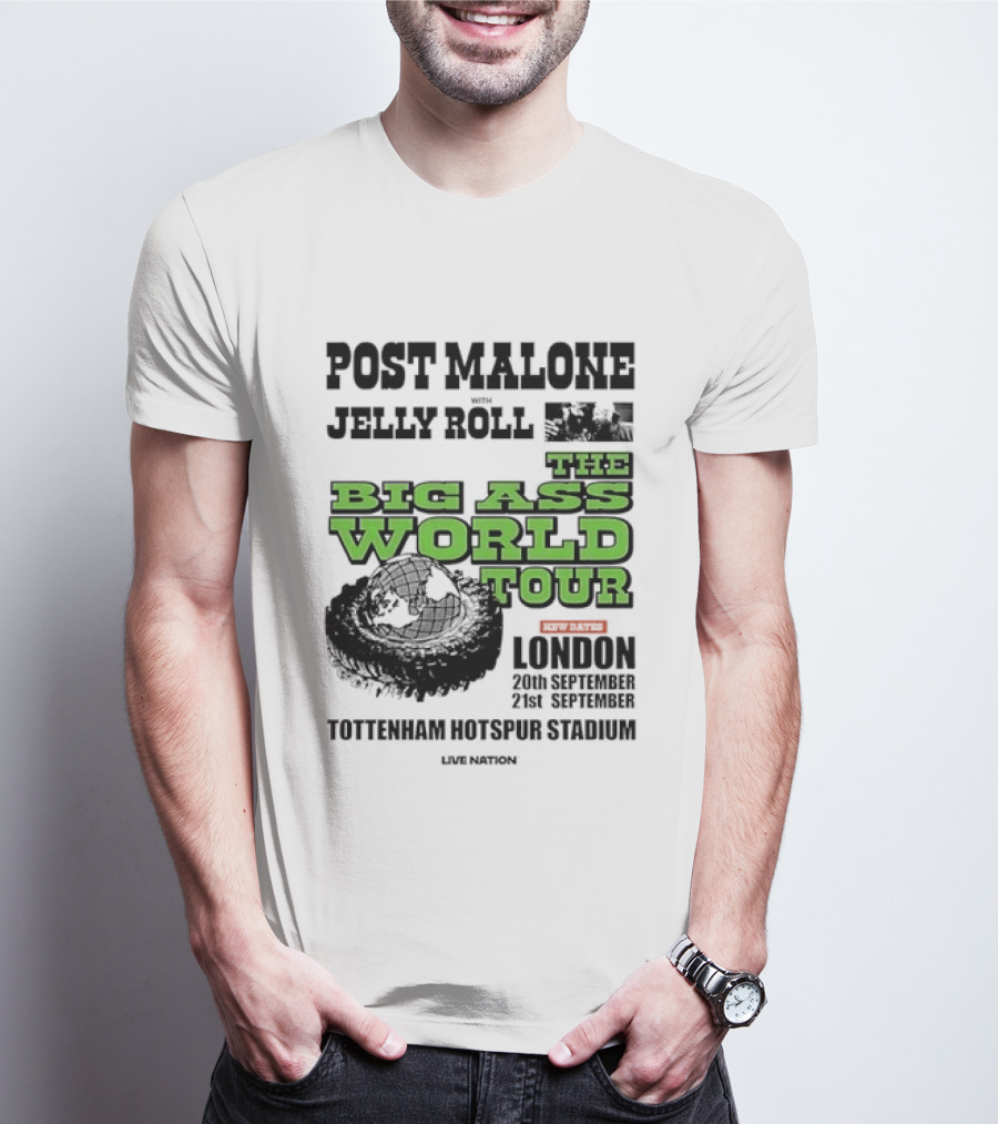 Post Malone Jelly Roll Live Nation The Big Ass World Tour London Tottenham Hotspur Stadium 2023 T-Shirt