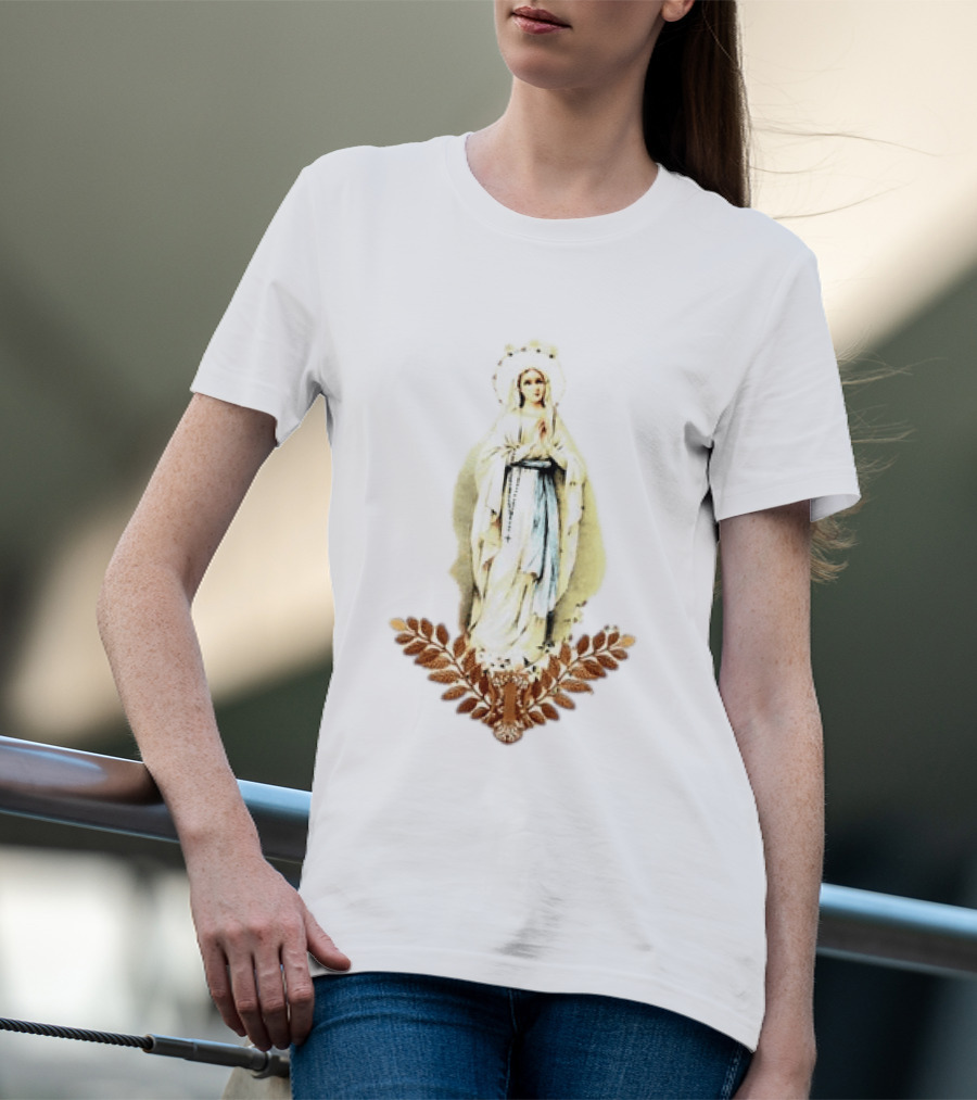 Virgin Mary Rosary Prayer Gold Leaves T-Shirt