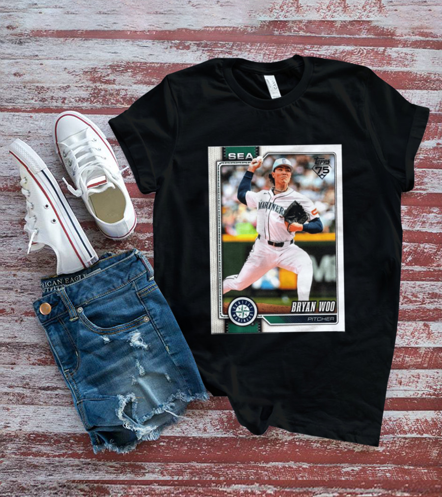 2026 Topps 75th Anniversary Seattle Mariners Bryan Woo Pitcher SEA T-Shirt