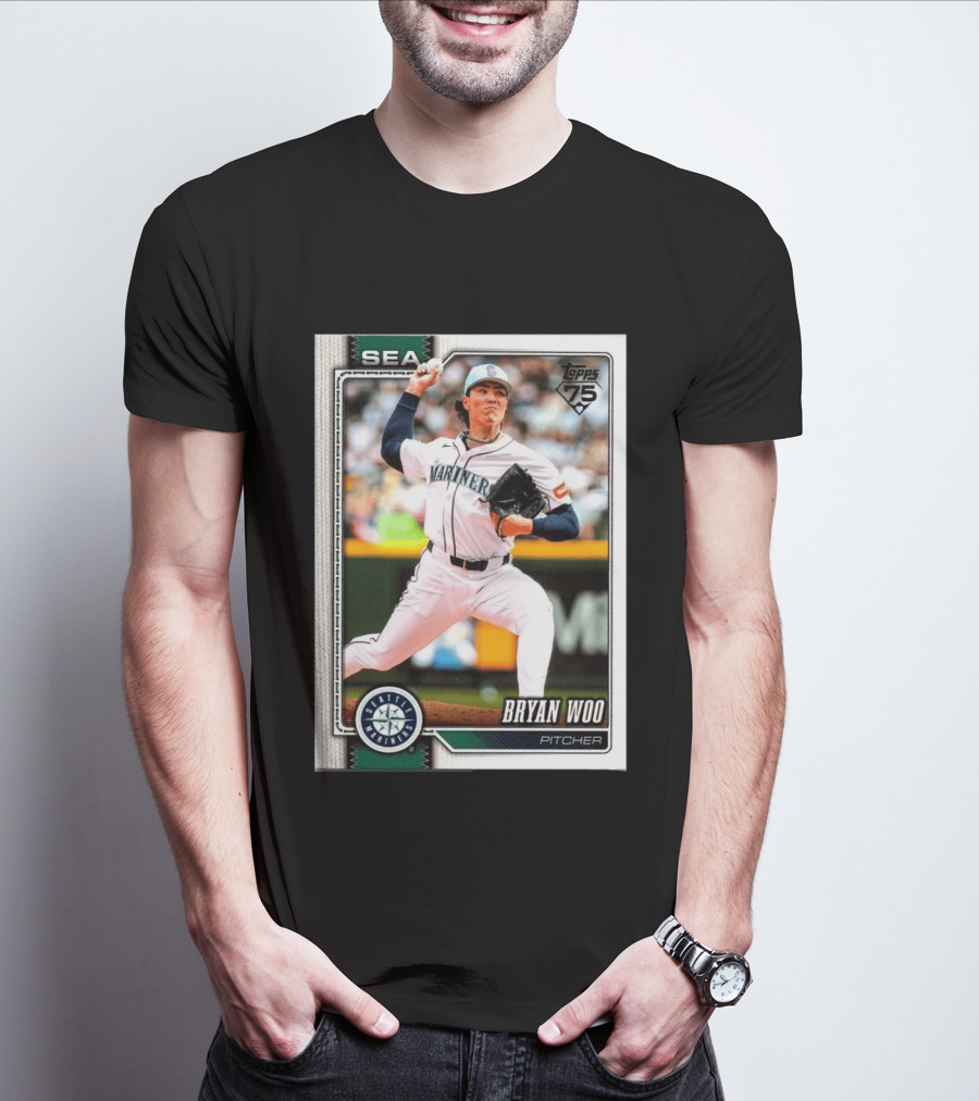 2026 Topps 75th Anniversary Seattle Mariners Bryan Woo Pitcher SEA T-Shirt