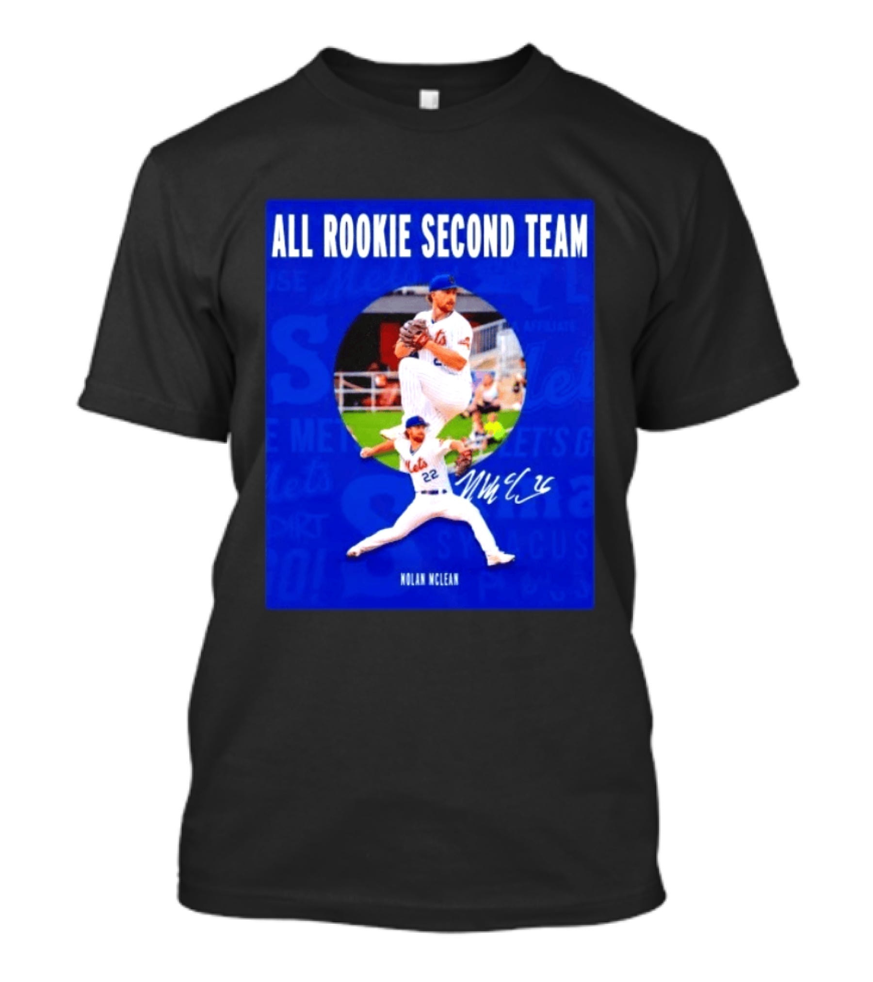Nolan McLean No 22 Mets All Rookie Second Team Signature Pitching Action T-Shirt