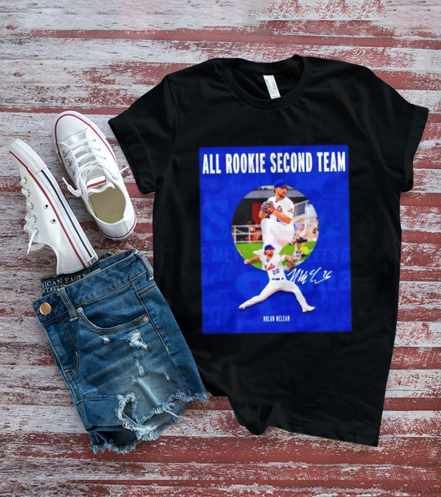 Nolan McLean No 22 Mets All Rookie Second Team Signature Pitching Action T-Shirt