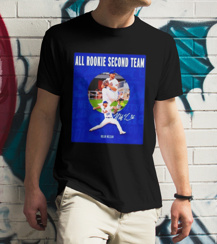 Nolan McLean No 22 Mets All Rookie Second Team Signature Pitching Action T-Shirt