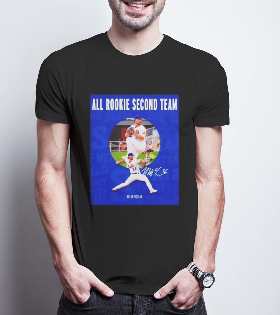Nolan McLean No 22 Mets All Rookie Second Team Signature Pitching Action T-Shirt