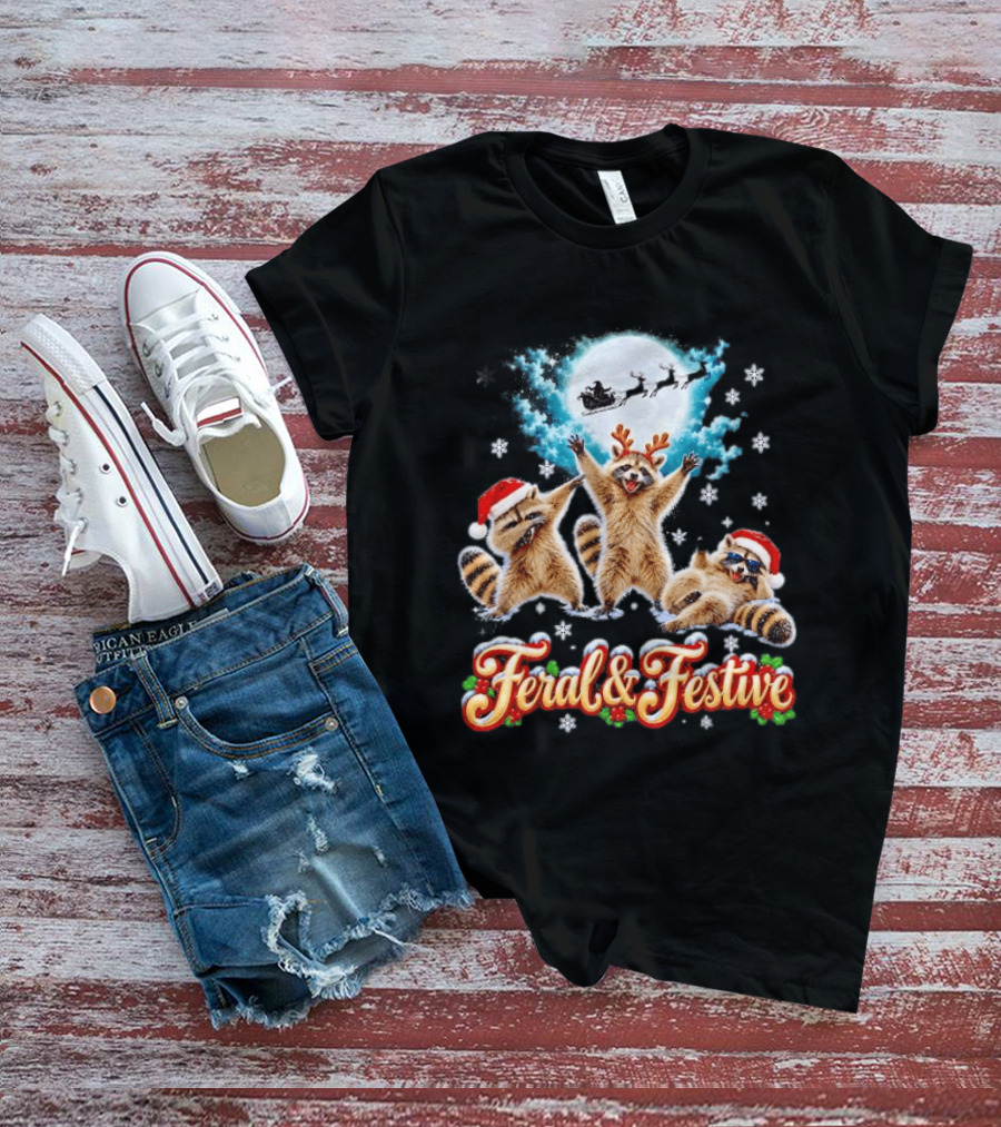 Feral And Festive Raccoons Christmas Holiday Santa And Reindeer T-Shirt