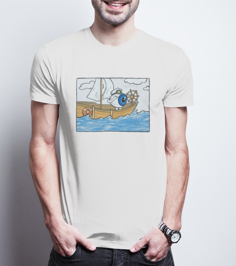 Eye Eye Captain Cartoon Eyeball Sailor Steering Ship Ocean Waves T-Shirt