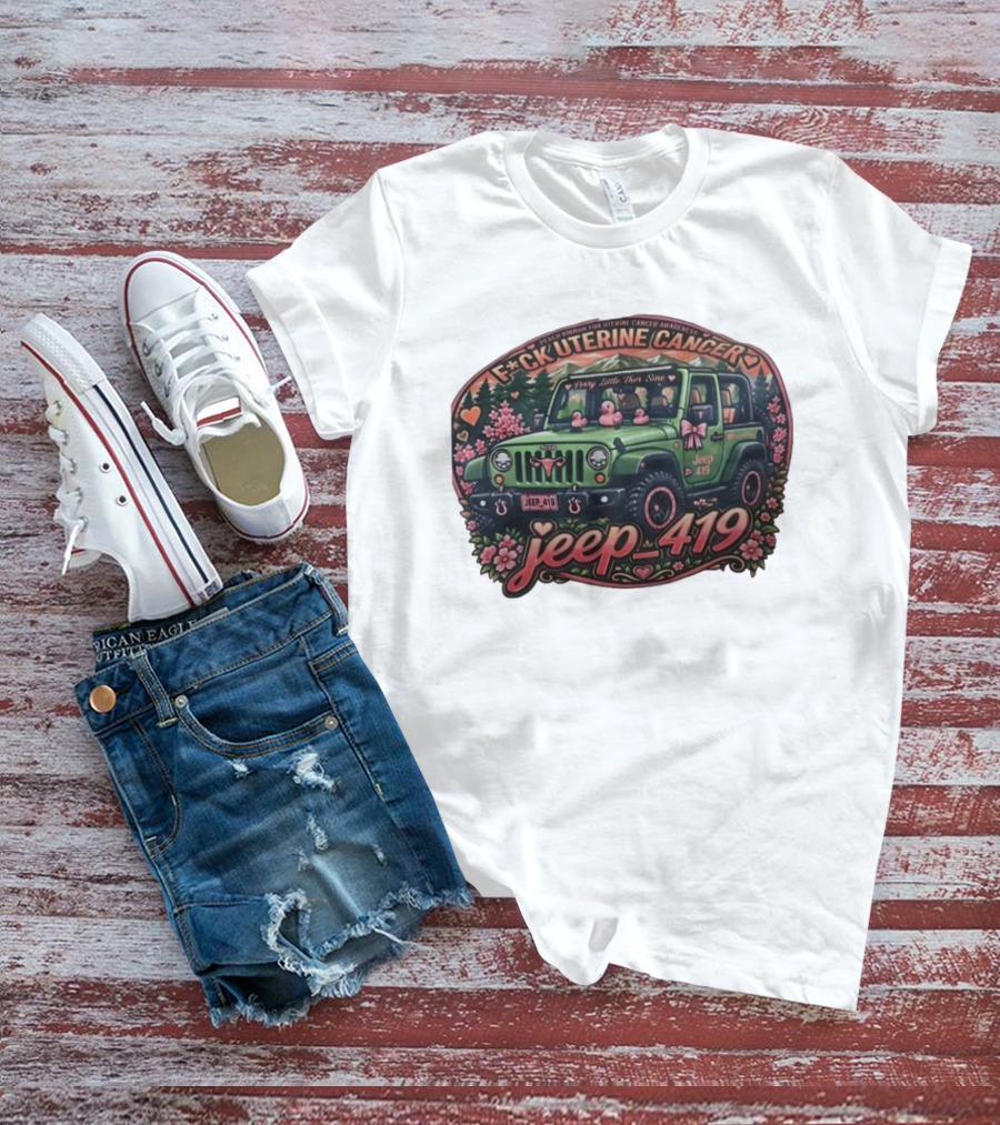 Peach Ribbon Uterine Cancer Awareness Jeep 419 Supportive Message T-Shirt