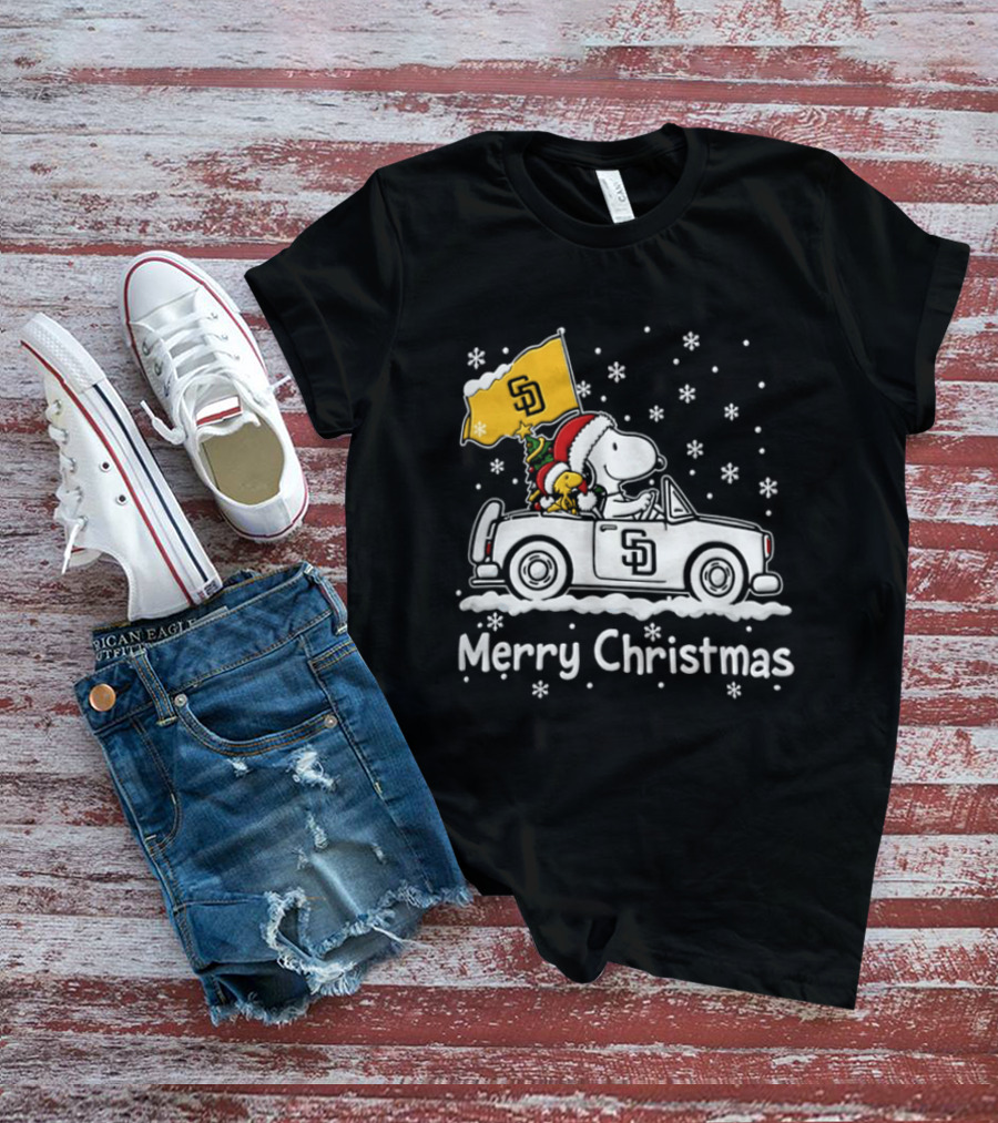 Snoopy And Woodstock Driving San Diego Padres Car Merry Christmas 2026 T-Shirt