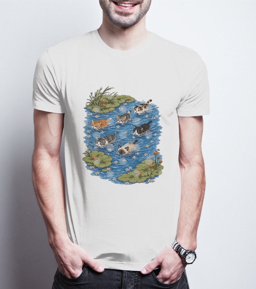 Kittens Swimming Among Water Lilies In Pond Scene T-Shirt