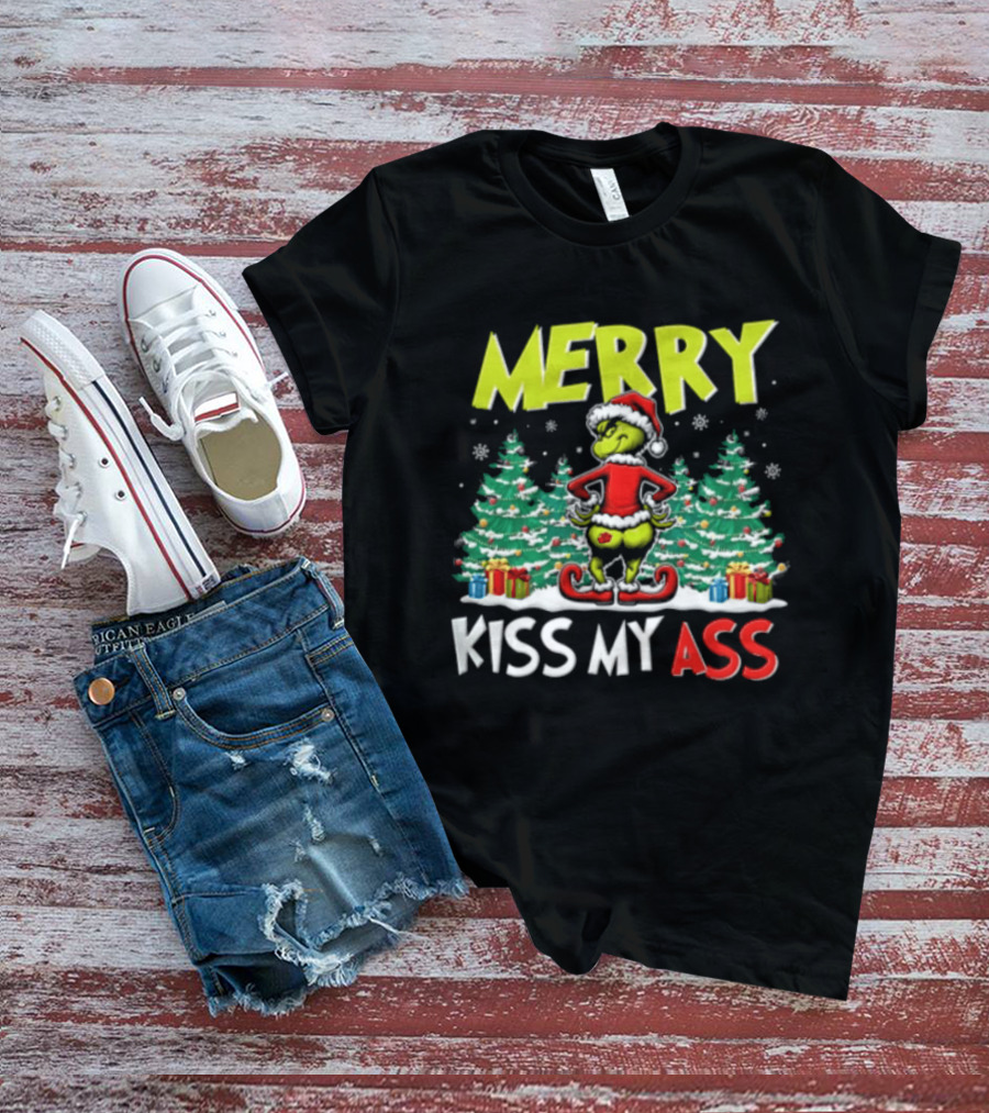 Merry Kiss My Ass Grinch Santa Outfit Mooning Christmas Trees And Gifts T-Shirt