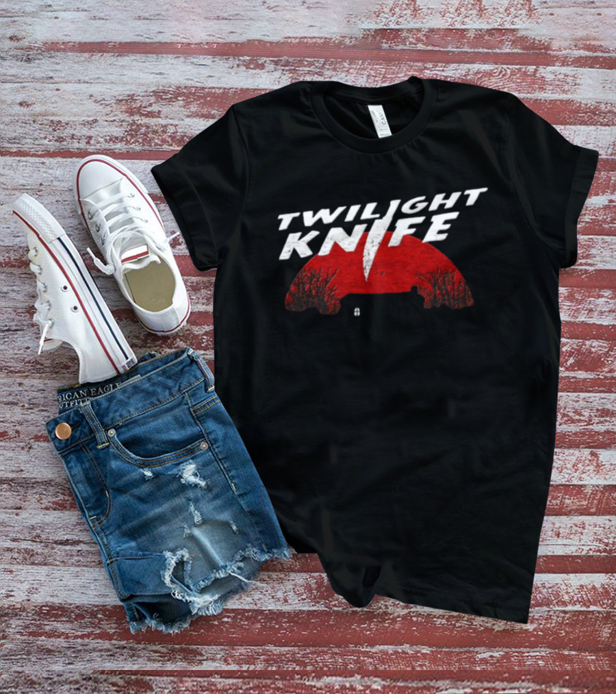 Twilight Knife Red Moon With Trees And House T-Shirt