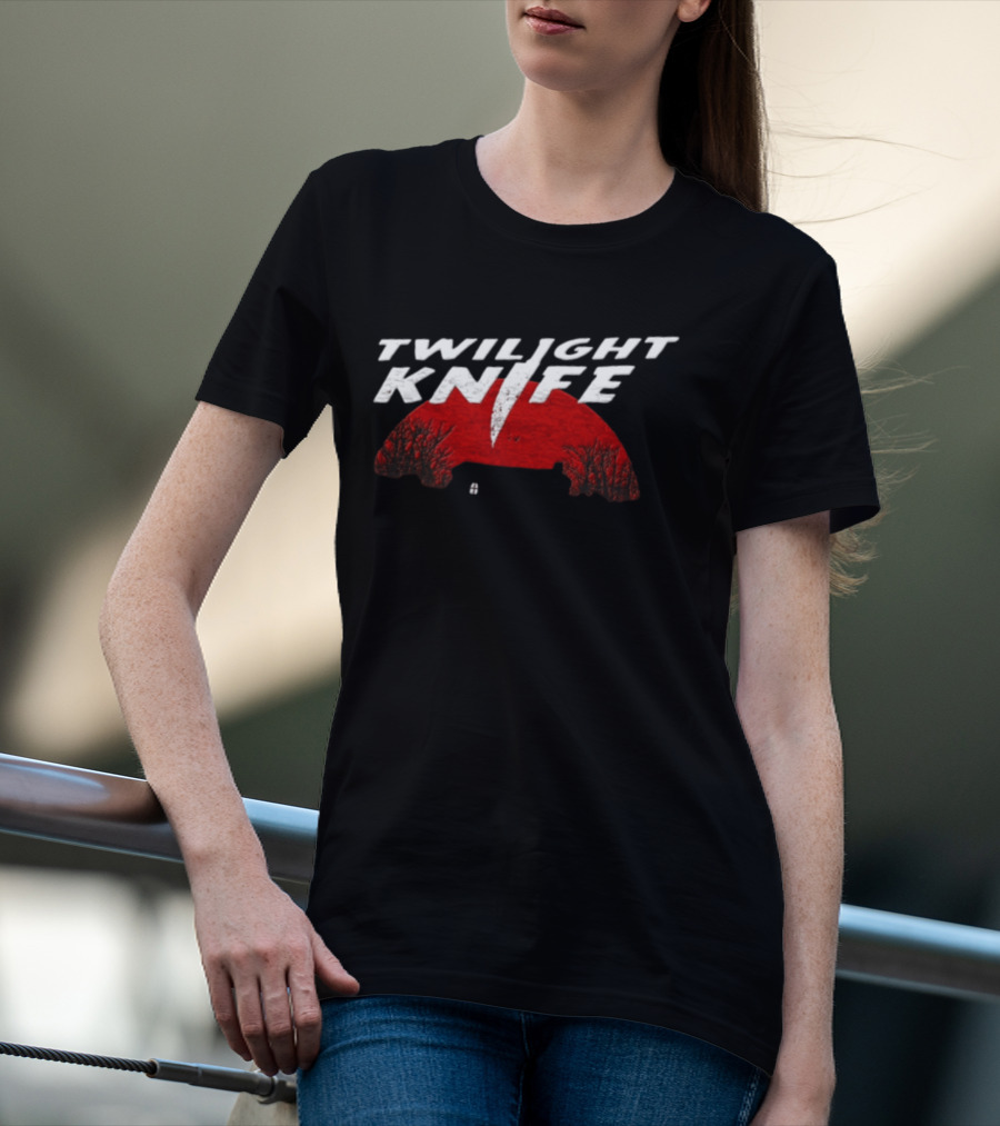 Twilight Knife Red Moon With Trees And House T-Shirt