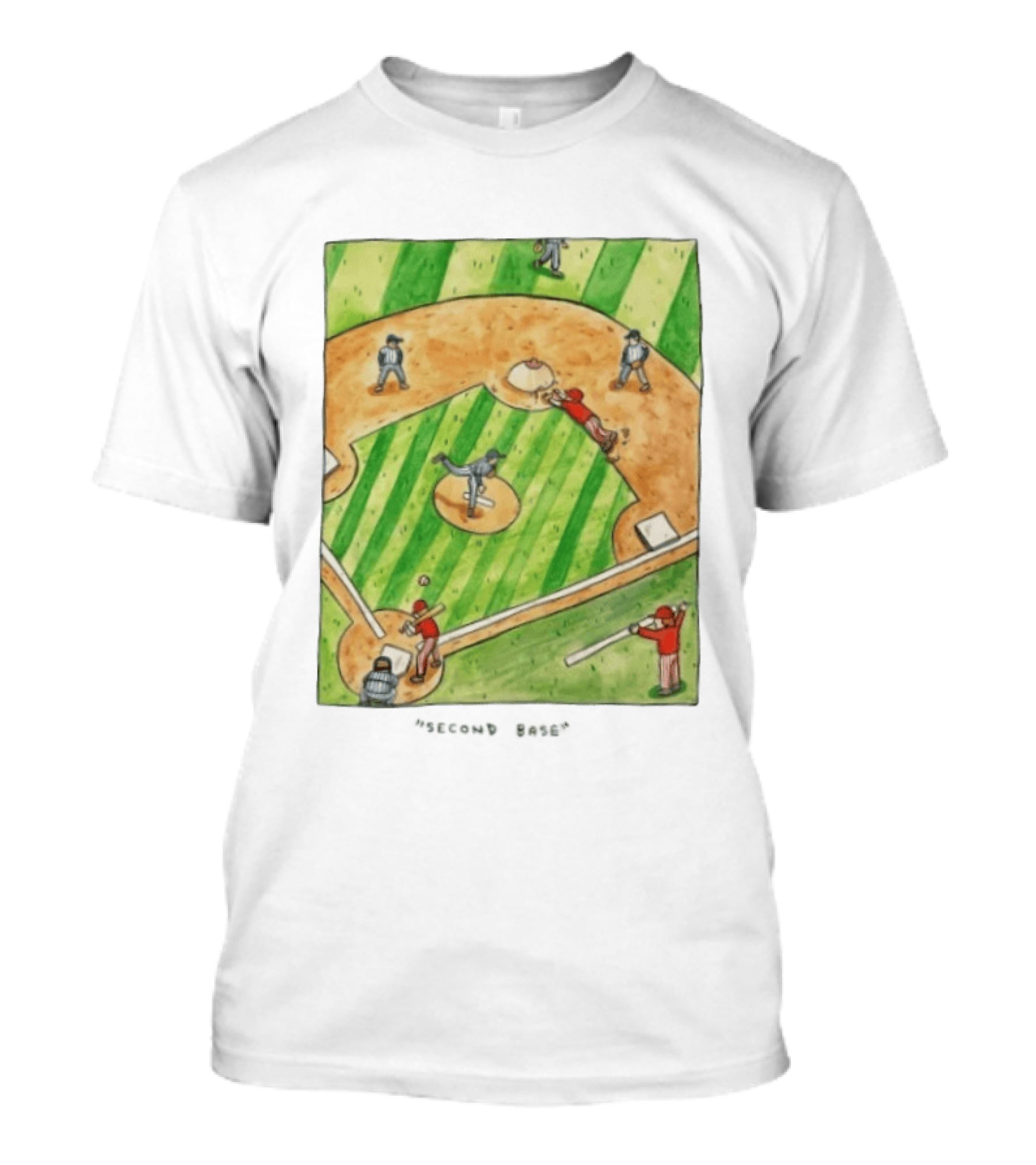 Second Base Baseball Cartoon Humor Action Play Scene T-Shirt